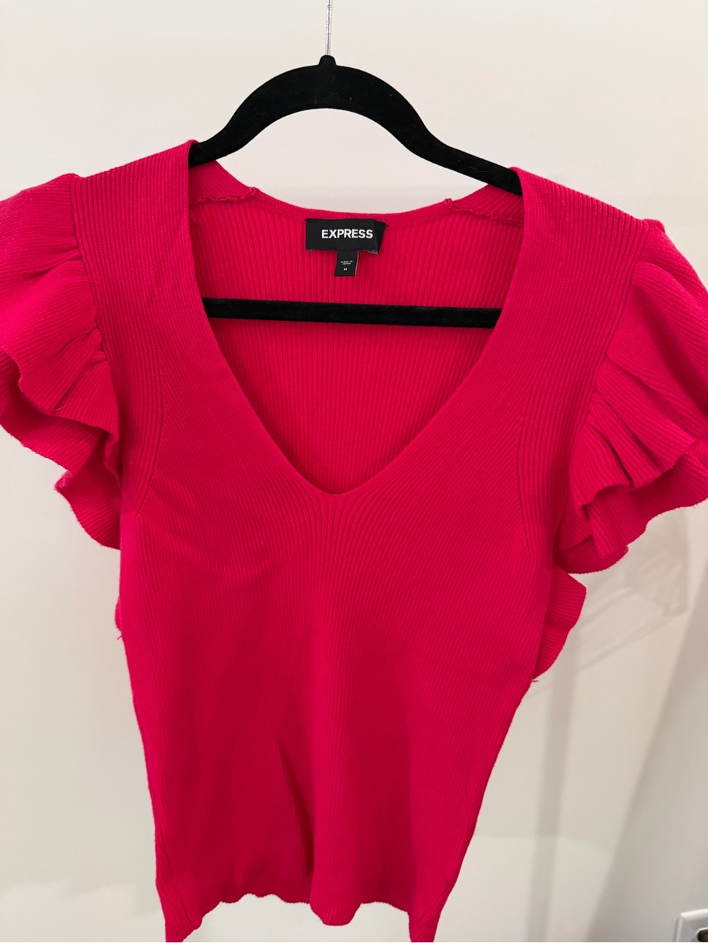 Express Women's Hot Pink V-Neck Ruffle Sleeve Top